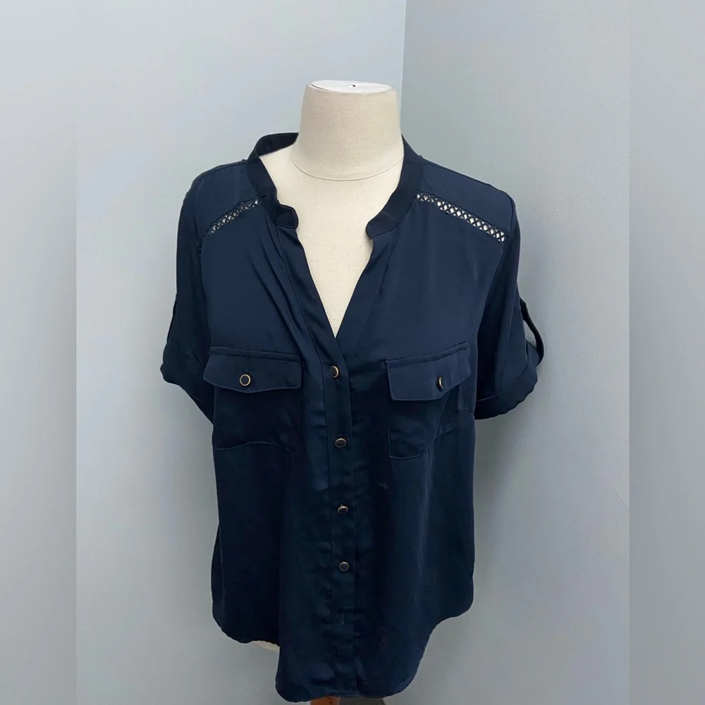 Portmans Short Sleeve Navy Blue Button Up Shirt Work Blouse Corporate Top Sz 10 - Picture 1 of 4